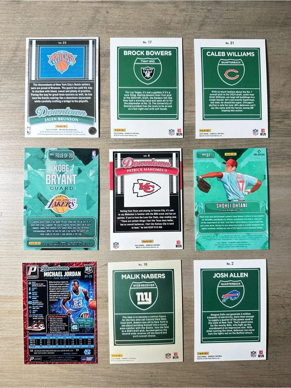 Lot of (9) Downtown Novelty Cards. Mahomes, Allen, Bowers, Caleb, Brunson, Kobe
